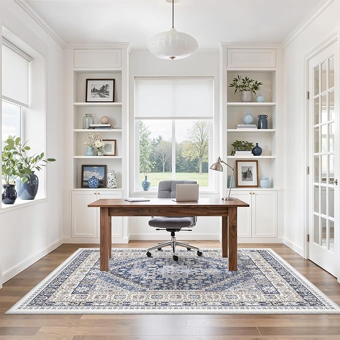 zesthome 4x6 Rug - Stain Resistant Washable Rug, Anti Slip Backing Rugs for Living Room, Foldable Vintage Small Area Rugs (Blue/Beige,4'x6')