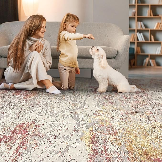 Area Rug Living Room Rugs - 8x10 Washable Large Soft Indoor Neutral Modern Abstract Low Pile Rug Carpet for Bedroom Dining Room Farmhouse Home Office - Colorful