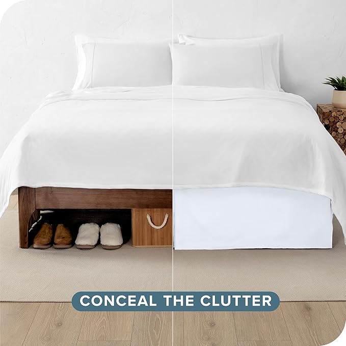 Bare Home Queen Bed Skirt - 15-Inch Tailored Drop Easy Fit - Bed Skirt for Beds - Center & Corner Pleats (Queen, White)