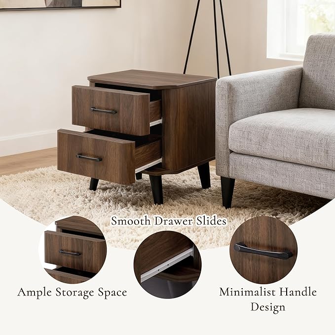 LuxenHome Mid Century Modern Nightstand, 20" Walnut Night Stand with Curved Edge, Dark Brown Nightstand with Drawers, Boho Bed Side Tables Bedroom, Storage Side Table, End Tables Living Room, 1PC