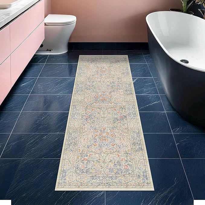 Non Slip Beige Blue Hallway Runner Rug - Long Runner Rugs 2x7 Washable Kitchen Floor Mat, Laundry Room Rug, Bathroom Runner - Vintage Design Décor
