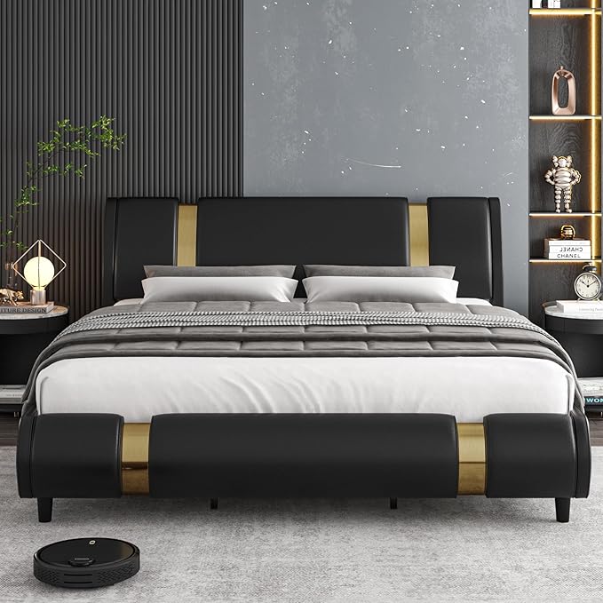 TTVIEW Modern Faux Leather Upholstered Platform Bed Frame with Golden Iron Metal Decor, Adjustable Curved Headboard, Wooden Slats Support, No Box Spring Needed, Queen Size, Black