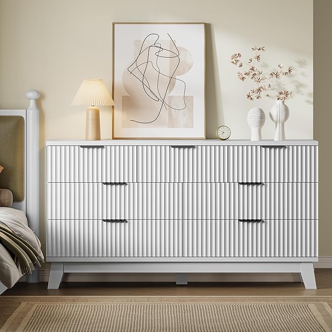 57" Long Dresser for Bedroom, 7-Drawer Fluted Chest, Wide Wood Storage Dresser with Metal Slides and Handles, Stable Base, Modern Clothes Organizer for Primary Suite, Guest Room, Nursery