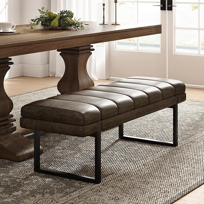 HULALA HOME 53" Faux Leather Entryway Bench, Button Tufted End of Bed Bench Ottoman for Bedroom, Living Room with Metal Base, Grey