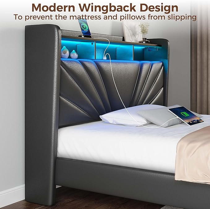 Rolanstar Twin Size Bed Frame, Storage Headboard with Charging Station and LED Lights, Upholstered Bed with Heavy Duty Wood Slats, No Box Spring Needed, Noise Free, Easy Assembly, Black