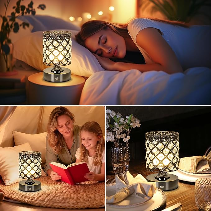 TOBUSA Black Rechargeable Cordless Table Lamp, Portable 6000mAh Crystal Battery Operated Lamp 3000K-4500K-6000K, Stepless Dimmable Bedside Touch Small Desk Lamp, Modern Industrial LED Night Light