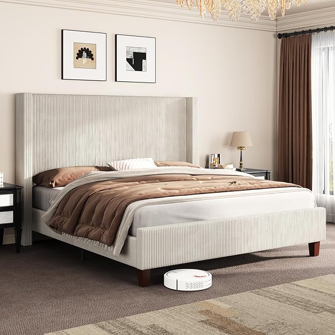 AMERLIFE California King Size Upholstered Bed Frame with 50.8" Tall Headboard, Wingback Platform Bed with Solid Wood Legs, Wooden Slats, Corduroy/No Box Spring Needed/Noise Free/Cream