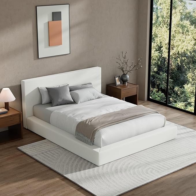 RECCI Cloud Upholstered Queen Bed Frame with Headboard, 5 Inch Foam Padded Platform, No Box Spring, Easy Assembly (Snow White)