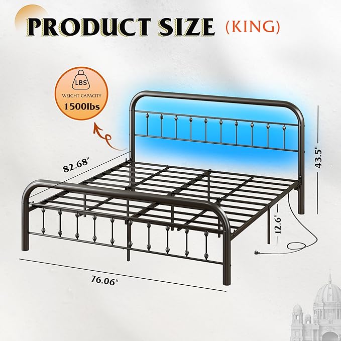 WLIVE Metal Platform Bed Frame, King Size Bed Frame with Headboard, Bed Frames with LED Lights and Charging Station, 1500LBS Mattress Foundation, Under Bed Storage, No Box Spring Needed, Black