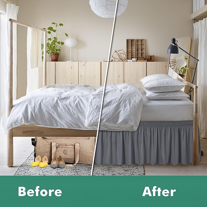 Biscaynebay Wrap Around Bed Skirts with Split Corners for King Beds 15" Drop, Dark Grey Adjustable Elastic Dust Ruffles Easy Fit Wrinkle Resistant Silky Luxurious Fabric Machine Washable