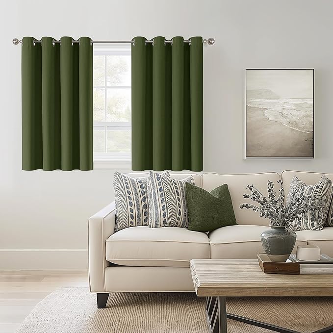 ChrisDowa 100% Blackout Olive Green Solid Curtains 45 Inches Long 2 Panels for Bedroom Living Room,Farmhouse Room Darkening Thermal Insulated Soundproof Grommet Top Window Treatment Drapes,52x45