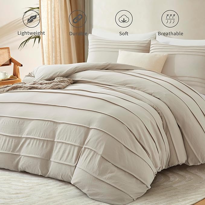 Oli Anderson Linen Grey Duvet Cover King Size - Pleated King Duvet Cover, 3PCS Soft and Breathable Textured Bedding Set with Zipper Closure (Linen, 104"×90")