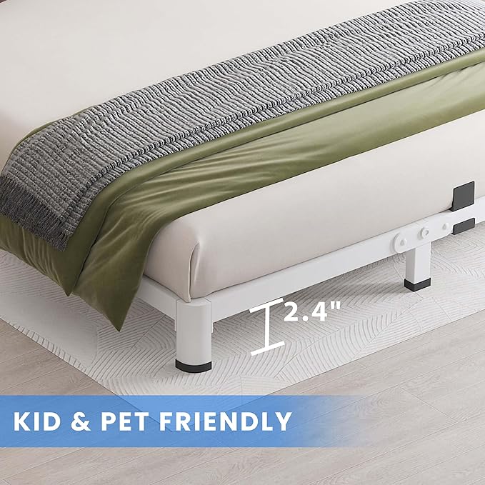 MAF 4 Inch Queen Metal Platform Bed Frame White with Round Corner Legs, Mattress Slide Stopper, 3000 LBS Heavy Duty Steel Slats Support, Noise Free, No Box Spring Needed, Easy Assembly