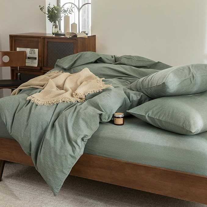FOSSA Duvet Cover Set 100% Washed Cotton Linen Feel Super Soft Breathable Cozy Simple Style 3 Pieces Bedding Sets Solid Heathered Green Queen