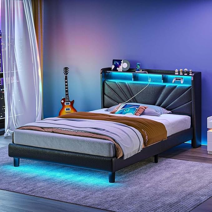 Rolanstar Twin Size Bed Frame, Storage Headboard with Charging Station and LED Lights, Upholstered Bed with Heavy Duty Wood Slats, No Box Spring Needed, Noise Free, Easy Assembly, Black