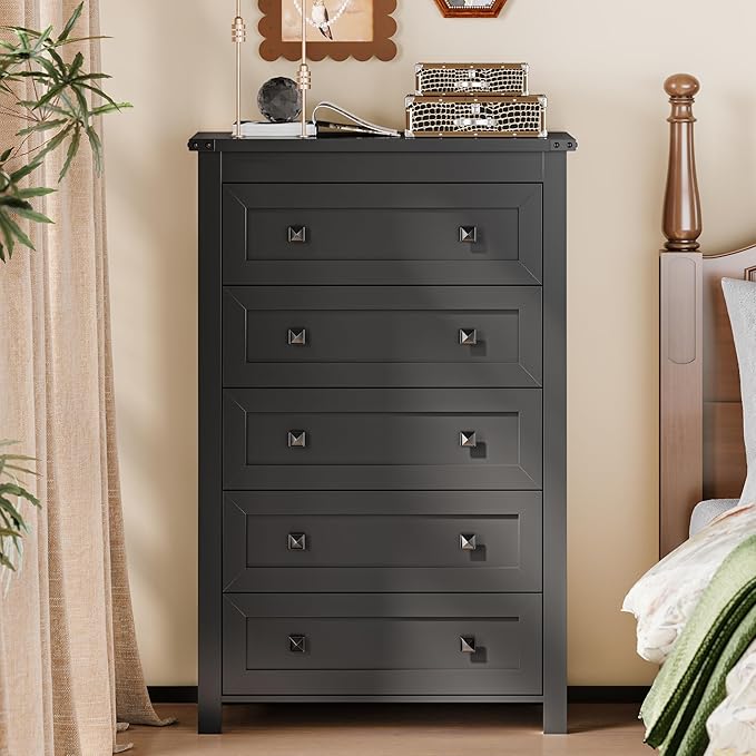 Dresser for Bedroom with 5 Drawers, Tall Wood Chest of Drawers, Modern Farmhouse Closet Clothes Organizer, Storage Tower Cabinet with Metal Handles for Hallway, Living Room, Entryway, Black