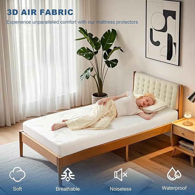 BEDLORE Twin XL Size Waterproof Mattress Protector Viscose Derived from Bamboo, Soft Mattress Cover Fitted with Deep Pocket 6"-15", Breathable & Cooling Noiseless Mattress Pad, Machine Washable(White)