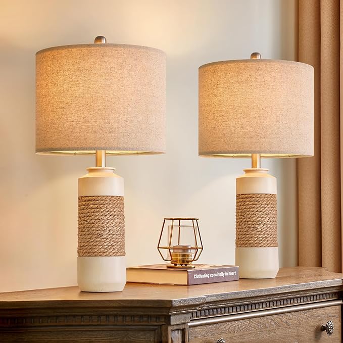 OYEARS 23.75" Bedside Table Lamps Set of 2 for Sleeping and Reading, Vintage Farmhouse Rattan Table Lamp Antique White Resin Lamp for Decoration, Office Living Room Bedside Table