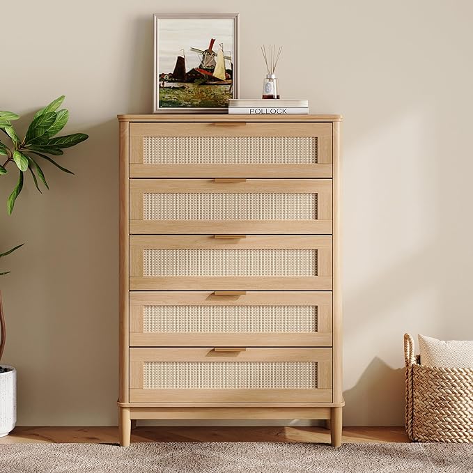 LINSY HOME Rattan Dresser for Bedroom with 5 Drawers, 46" Tall Chest of Drawers, Mid Century Modern Dresser TV Stand with Metal Handle, Wood Closet Storage Cabinet for Living Room, Hallway, Oak