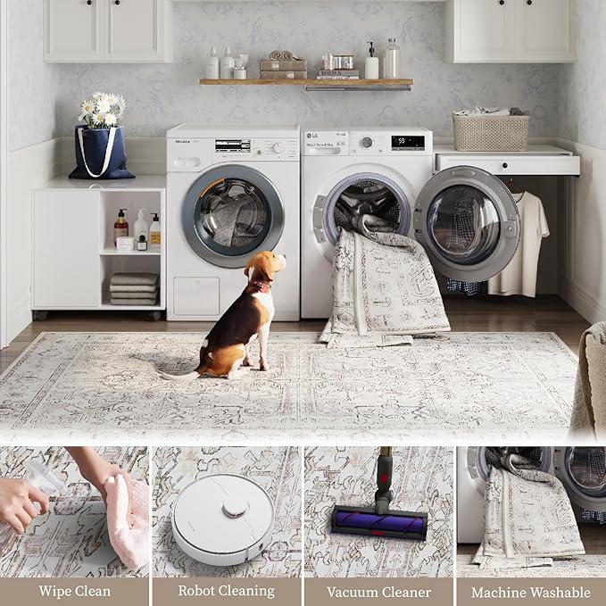 jinchan Lima Kitchen Runner Rug 3x10-2pcs, Bohemian Hallway Washable Rug Floral Non Slip with Rubber Backing Vintage Carpet Runner for Bedroom Bathroom Laundry Room Living Room Taupe