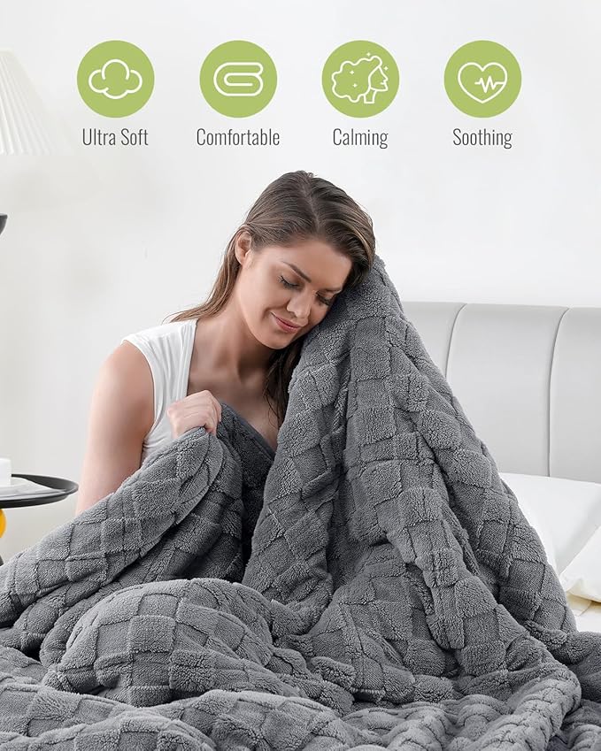 Uttermara Sherpa Fleece Weighted Blanket Full Size(15lbs, 48" x 72", Grey), 3D Jacquard Checkered Warm Sherpa Heavy Blanket for Adults, Soft Fuzzy Weighted Blankets for Couch Bed Sofa