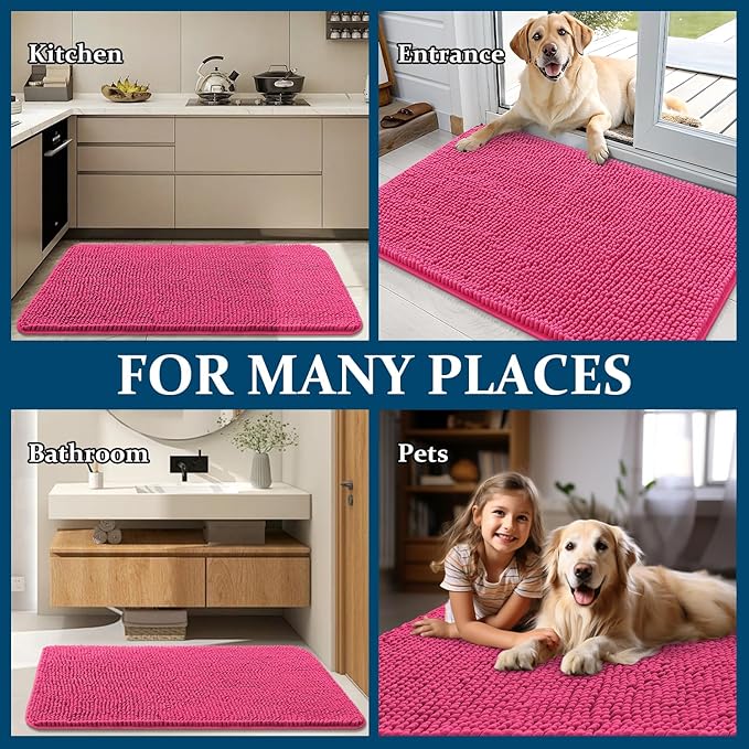 OLANLY Dog Door Mat for Muddy Paws 59x32, Absorbs Moisture and Dirt, Absorbent Non-Slip Washable Doormat, Quick Dry Chenille Mud Mat for Dogs, Entry Indoor Entryway Carpet for Inside Floor, Hot Pink