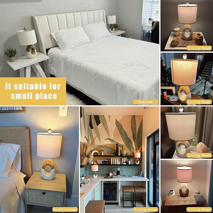 OYEARS 19'' Small Boho Table Lamps for Bedroom Set of 2, Farmhouse Rattan Bedroom Lamps for Living Room Rustic Home Decor, Nightstand Bedside Lamps for Sofa Table Entry Way, Suitable for Small Places
