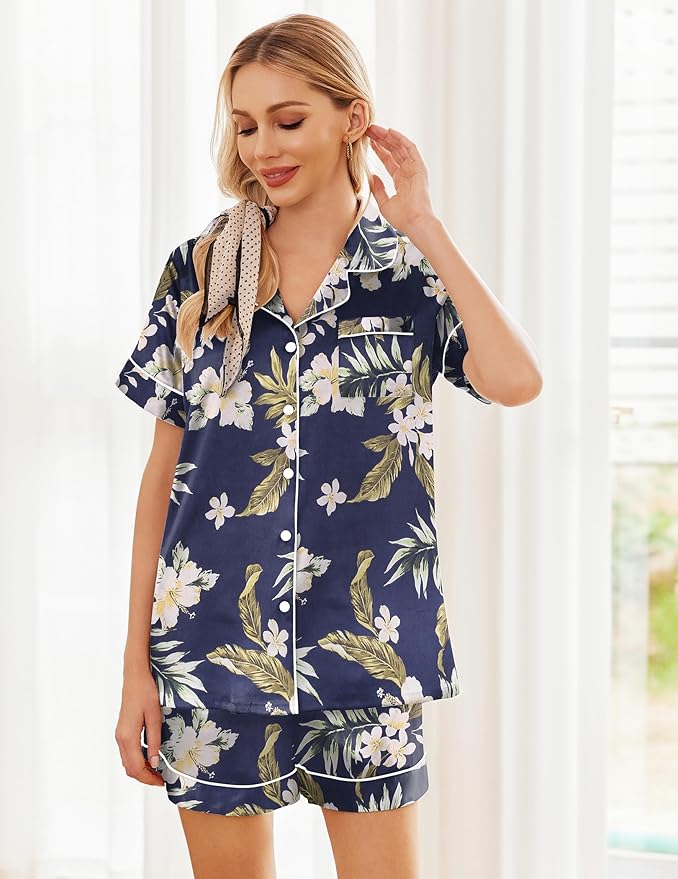 Ekouaer Women's Silk Satin Pajama Set Short Sleeve Pjs Shorts Set Comfy Button Down 2 Piece Sleepwear Loungewear