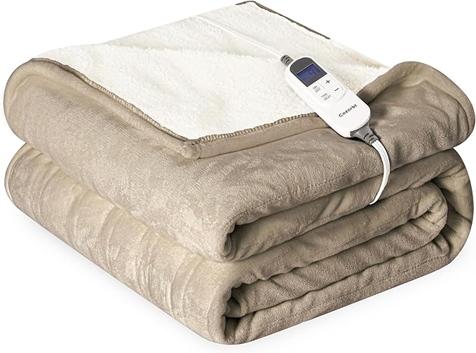 Heat Blanket 62”x84” Twin Size,Soft Flannel & Sherpa Reversible Electric Blanket with 10 Heat Settings,12 Timer Setting and 8 Hours Auto-Shut Off,ETL Certified Machine Washable,Light Brown