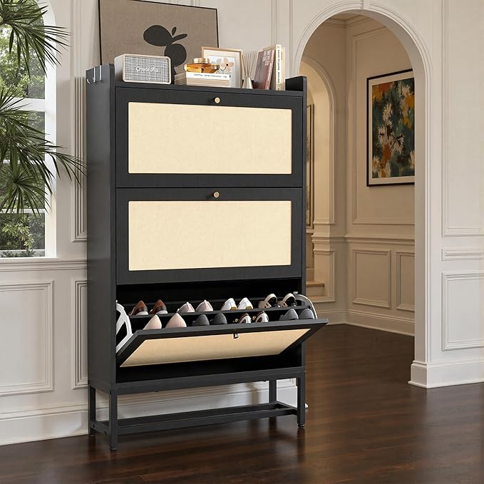 Slim Entryway Shoe Storage Cabinet with 3 Flip Drawers, Modern Freestanding Shoes Organizer Holds 16-20 Pairs, Closed Shoe Storage for Hallway, Foyer - Space-Saving Wood Shoe Cabinet