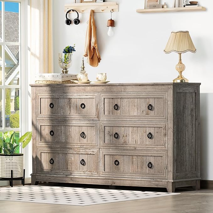 Bedroom Dresser and Nightstand Sets 4 Piece, Farmhouse 6 Drawers Dresser & 40.5" Tall Chest of Drawers,18" Nightstands with Charging Station,54" Wide Furniture Dressers for Bedroom,Living Room