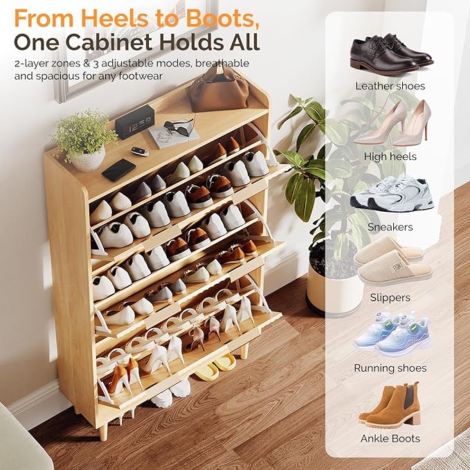 VINGLI Fluted Shoe Storage Cabinet for Entryway with 3 Flip Drawers, Narrow Shoe Organizer with Fluted Panel, Freestanding Wood Hidden Shoe Cabinet for Foyer, Hallway (Oak, 3 Flip Drawers)
