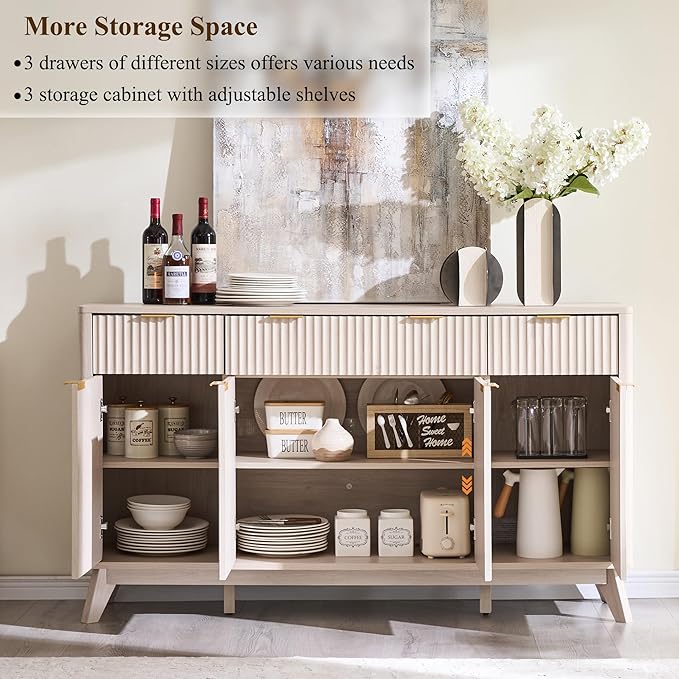 OKD Fluted Storage Cabinet with Drawers, 60" Morden Buffet Sideboard Coffee Bar Cabinet with 4 Doors and 3 Drawers for Dining Room, Living Room,Hallway (White Alder)