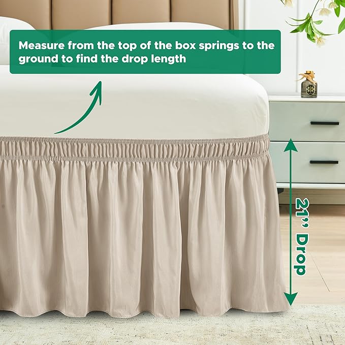 Biscaynebay Wrap Around Bed Skirts for Queen Size Beds 21" Drop, Light Camel Adjustable Elastic Dust Ruffles Easy Fit Wrinkle Resistant Silky Luxurious Fabric Machine Washable