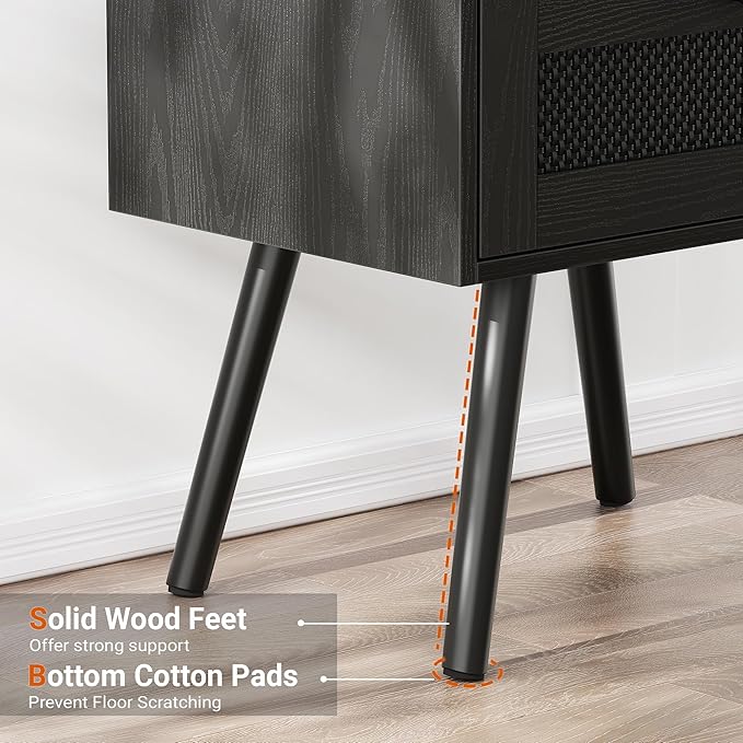 SUPERJARE Nightstand with Charging Station, Bedside Table with Texilene Surface Drawers, Rattan Side Table with Storage & Solid Wood Feet, End Table for Bedroom, All Black
