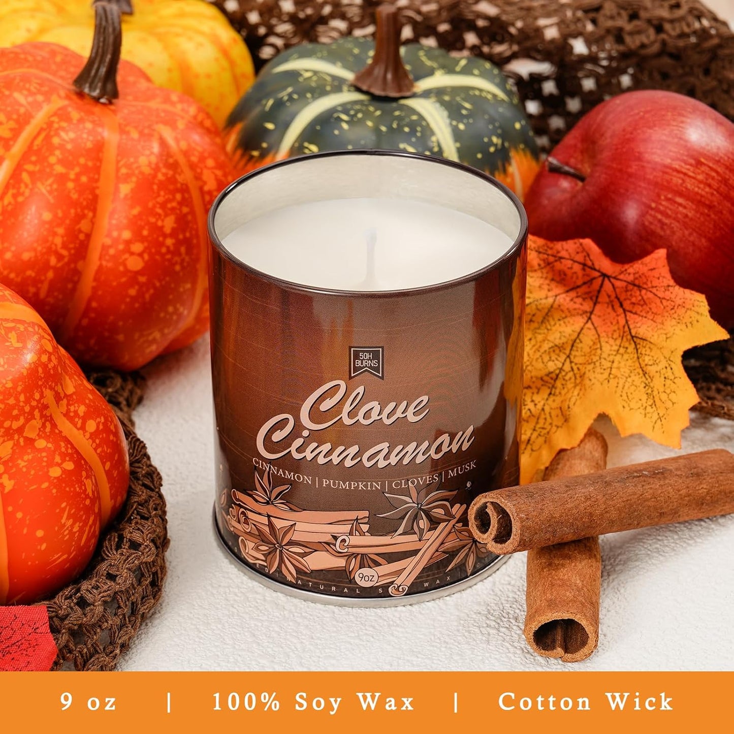 Cinnamon Fall Candles for Home Scented Natural Soy Wax Non Toxic Birthday Candle Scented Candles 40 Hours Bruning 9oz Aromatherapy Candle Gifts for Women Halloween Birthday Thanksgiving