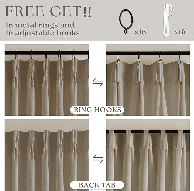 Dark Flax Linen Curtains 120 Inches Long for Living Room Bedroom Pinch Pleated Back Tab Privacy Curtains 120 Inch Length 2 Panels Light Filtering Greige Tan Brown Farmhouse Drapes 10 FT