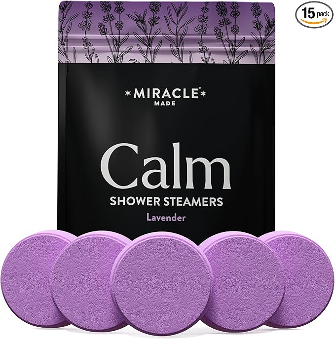 Miracle Made Lavender Aromatherapy Shower Steamers – Essential Oil Shower Bombs for Relaxation, Nasal Relief & Daily Self-Care – 15 Shower Melt Tablets
