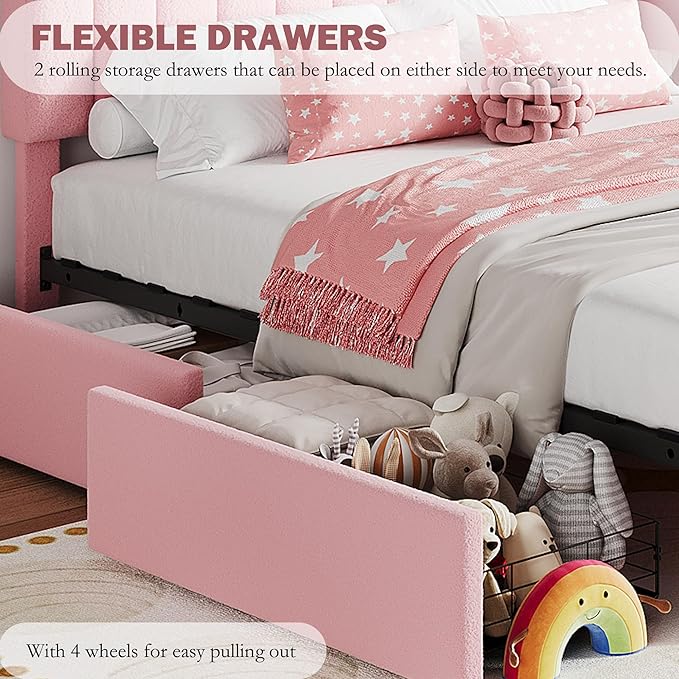Jojoka Queen Bed Frame with Storage Headboard and 2 Drawers, Boucle Upholstered Platform Bed, Modern Girls Bed Frames for Rooms, No Box Spring Needed, Easy Assembly, Light Pink