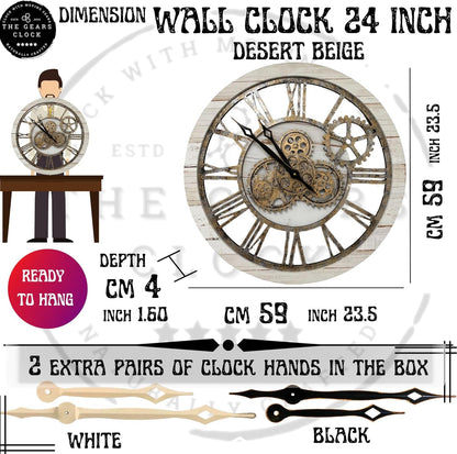 The Gears Clock The Original Real Moving Gear Wall Clock Vintage Industrial Oversized Rustic Farmhouse (24 inch (60cm), Vintage Desert Beige and Bronze)
