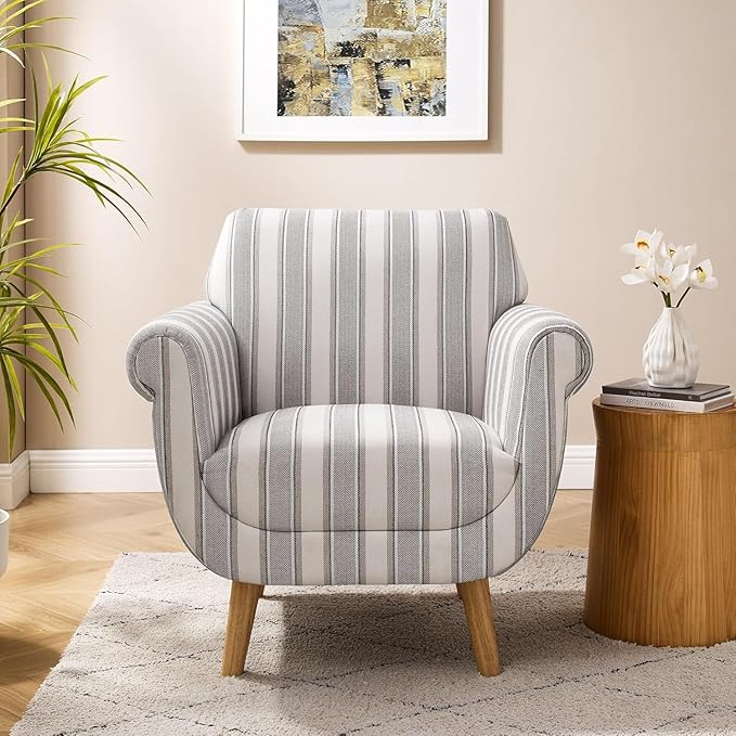 VANOMi Mid-Century Accent Chair with Stripe Pattern, Modern Linen Fabric Armchair with Wood Legs, Club Chair for Living Room, Comfy Upholstered Side Chairs for Bedroom, Reading, Small Place (Grey)