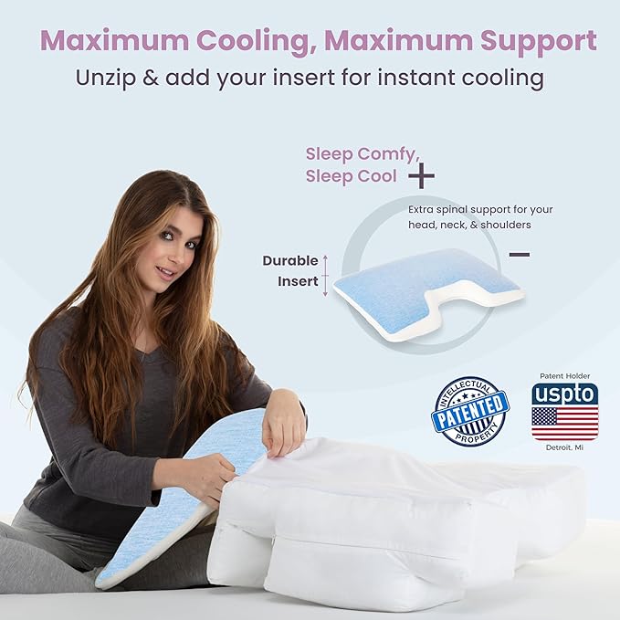 Wife Pillow - Insert Topper Only, Firm Cooling Gel / 80D Memory Foam Topper for Pillow That Stays Cold. Thin for Stomach Sleeper. Ergonomic, Neck U Shaped Cutout. Firm High-Density Layer Support