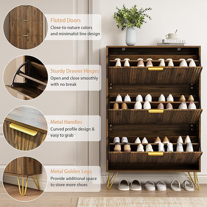 Shoe Cabinet with 3 Flip Drawer, Mid Century Shoe Cabinet Storage for Entryway Slim, Hidden Shoe Storage Cabinet, Freestanding Shoes Rack Organizer for Entryway, Walnut
