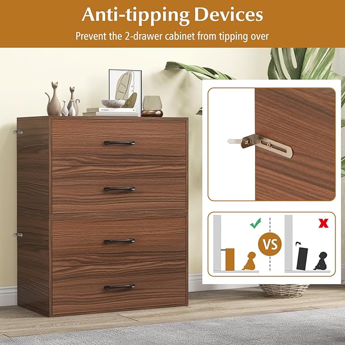 Giantex Stackable 2-Drawer Dressers for Bedroom - Short Dresser Two Drawer Storage Cabinet w/Handles & Anti-Topping Device, Small Dresser Chest of 2 Drawers for Closet Bedroom (1, Walnut)