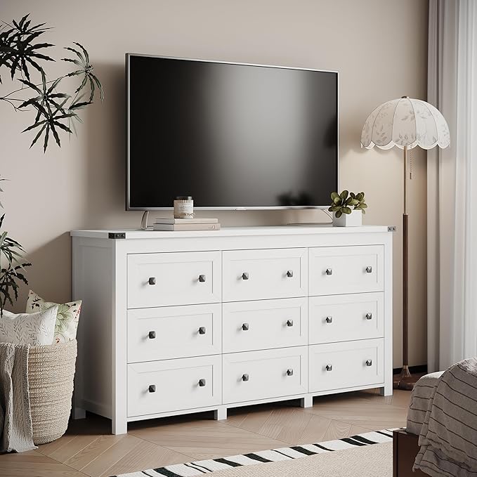 Dresser for Bedroom with 9 Drawers, Farmhouse Wood Chest of Drawers, Wide TV Stand Closet Storage Furniture with Metal Handle, Modern Clothes Organizer for Hallway, Living Room, Entryway, White