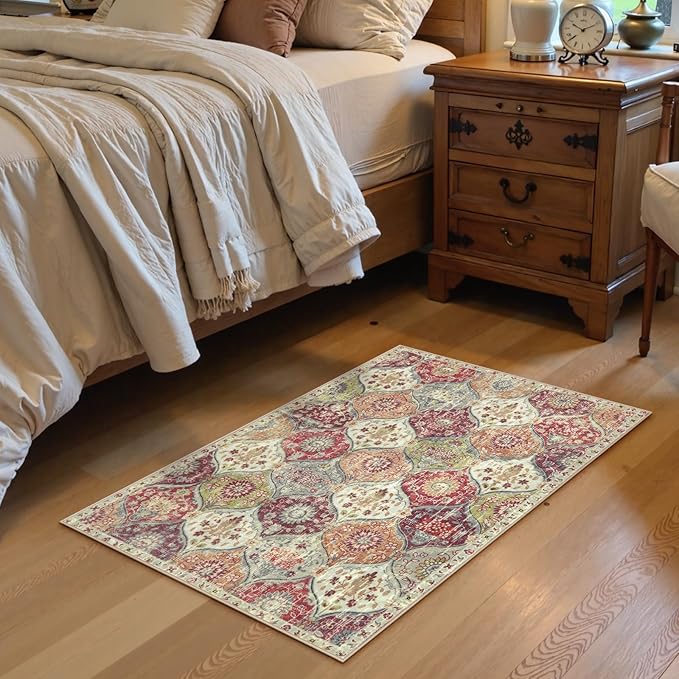 Lahome Washable Entryway Rug, 2x4 Kitchen Rugs for Entryway Bathroom, Non-Slip Indoor Door Mat Ultra-Thin, Small Oriental Throw Carpet for Bedroom Entry, Orange/Terracotta
