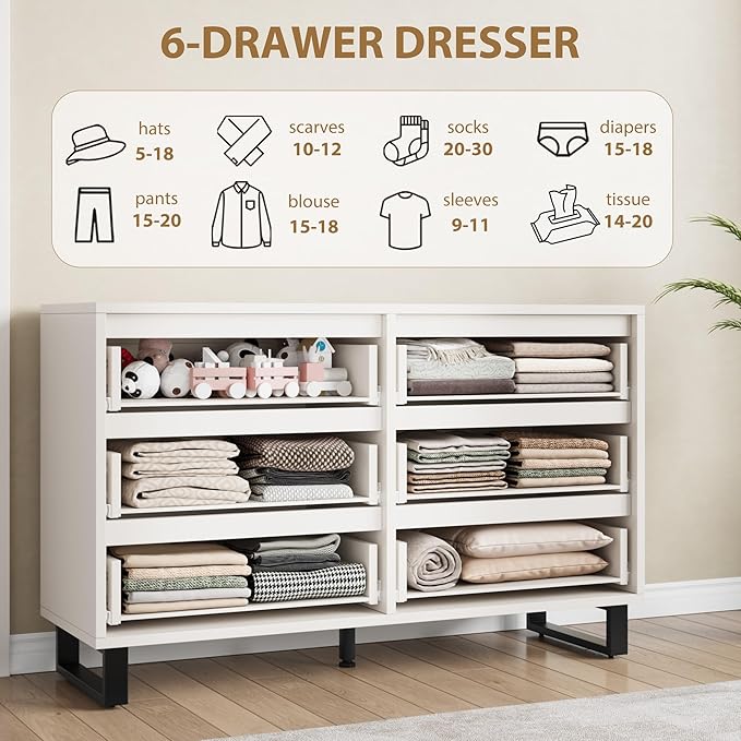 GarveeHome 6 Dresser for Bedroom, 47.2 in Wide Dresser, Freestanding Vertical Drawer Cabinet with Storage, Wooden Closet Storage Chest for Living Room, Hallway, Entryway, White