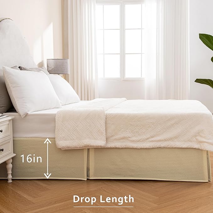 MIYE Pleated Waffle Weave Bed Skirt, Tailored Dust Ruffle 16 Inch Drop Easy Fit, Machine Washable,No Split Corners (Light Beige, King - 16" Drop)