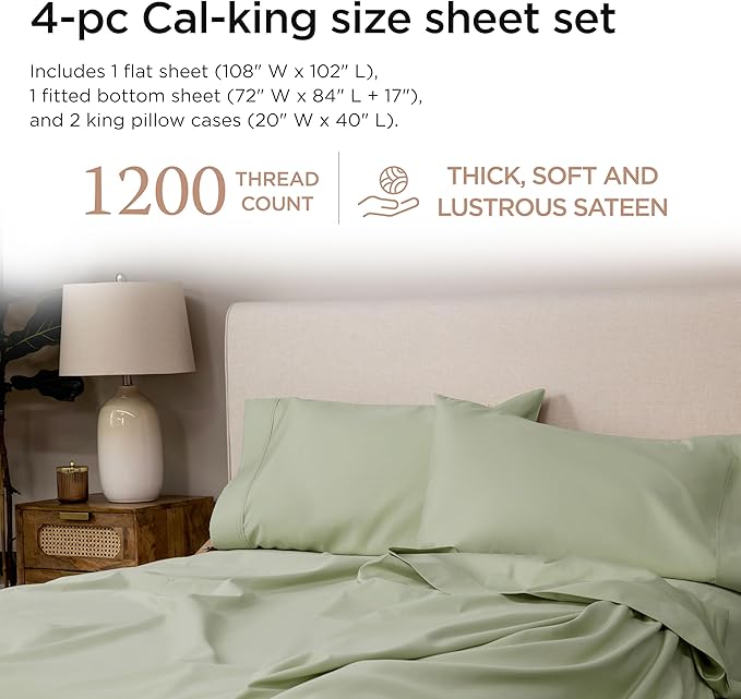 Threadmill Supima Cotton Sheets, 1200 Thread Count Soft 100% Cotton Sheets for Cal King Size Bed, 4 Pc Sage Green Cal King Bed Sheets Set, 5-Star Hotel Quality with Elasticized Deep Pocket King Sheet