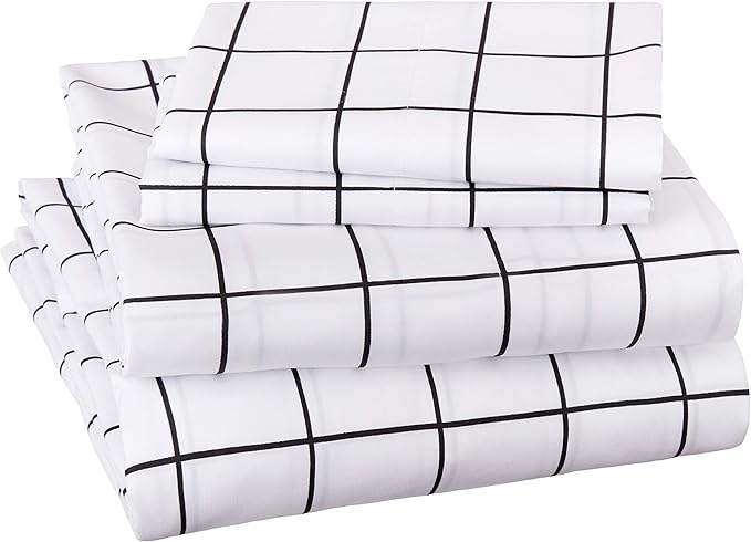 Amazon Basics Soft Microfiber 4-Piece Bed Sheet Set with Elastic Side Pockets, Full, Black Grid, Geometric